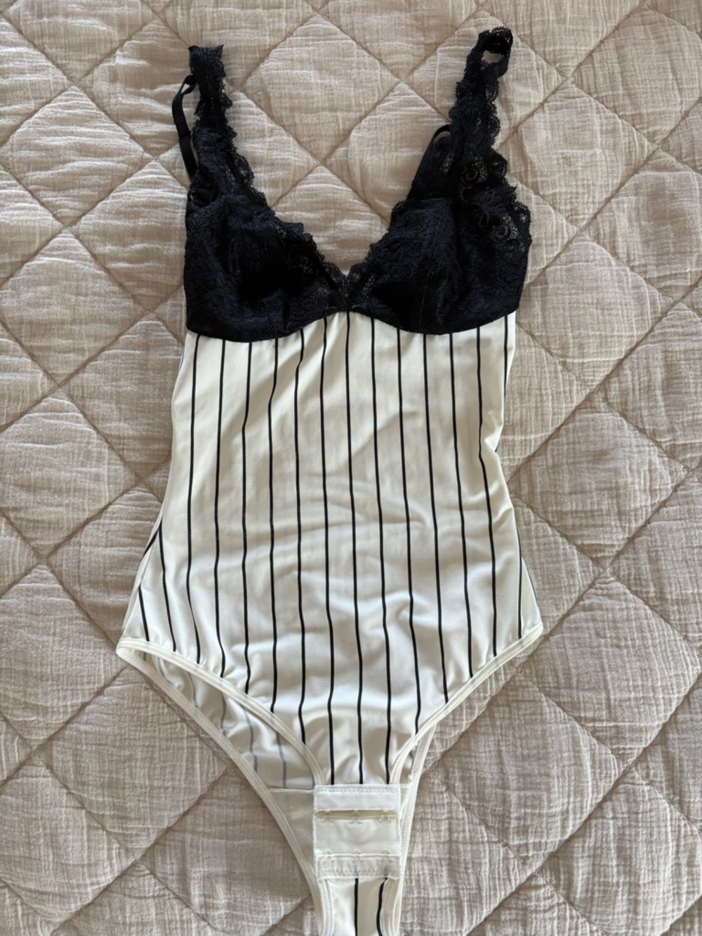 Urban Outfitters Black Lace & White Pinstripe Bodysuit